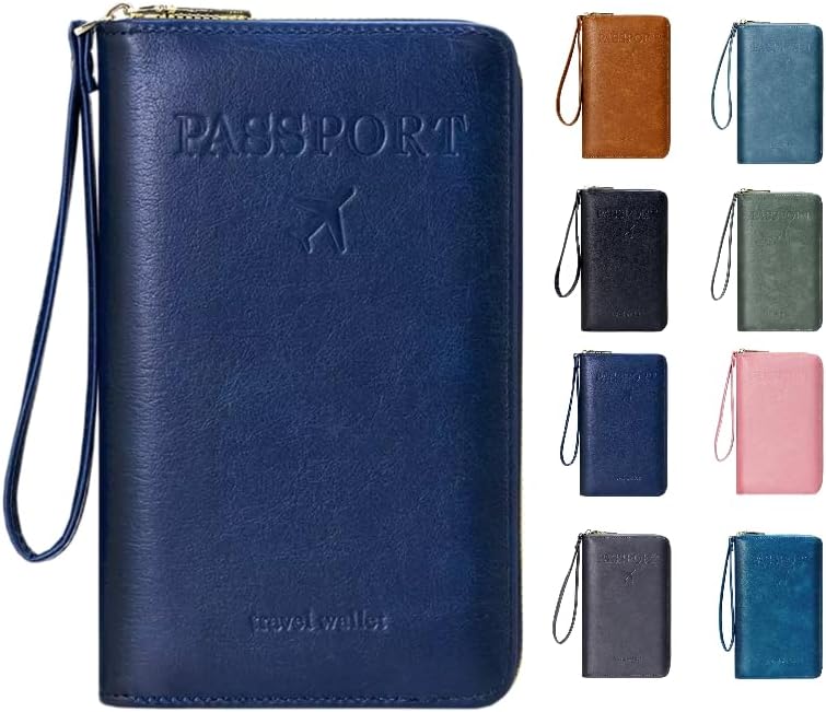 GLOLOOS Multi-Functional RFID Passport Wallet,Travel Wallet for Men & Women,With zipper, anti-theft passport holder，Slim Leather Cover for Credit Cards, Tickets, Cash (Dark blue) - Image 1